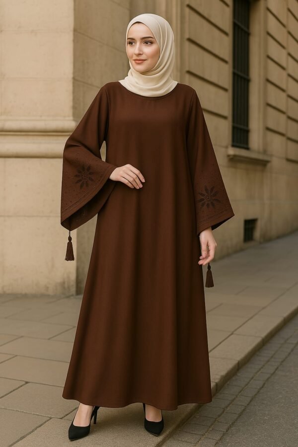 Plain Maxi Abaya Laser Cut Sleeves - Brown