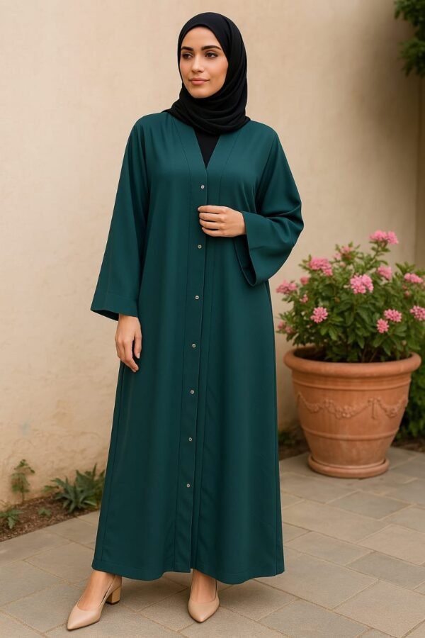 Plan Front Open Abaya - Green
