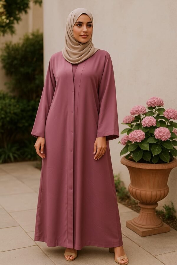 Plan Front Open Abaya - Mauve pink