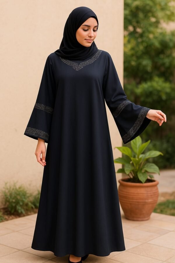 Plain Maxi Abaya Embroidered Sleeves - Black