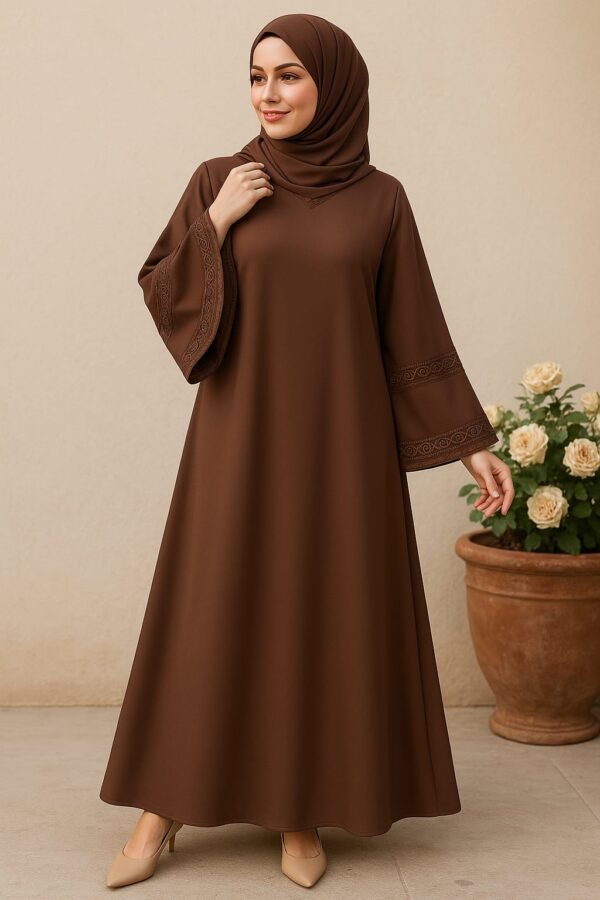 Plain Maxi Abaya Embroidered Sleeves - Brown