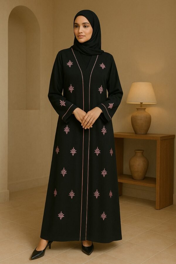Front Open Floral Abaya 1pc - Pink