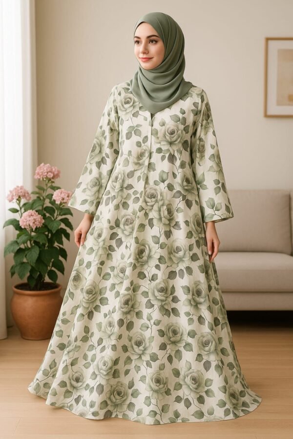 Front Open Maxi Printed Abaya 2pc - 1