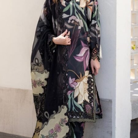 Baroque 3 Piece Unstitched Embroidered llawn Suit - Black