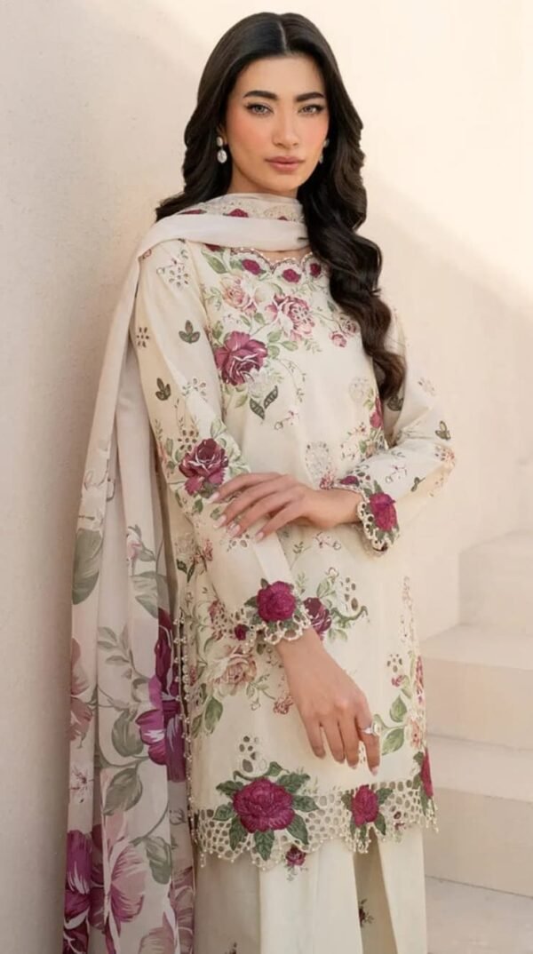 Iznik 3 Piece Embroidered Lawn Suit - Cream