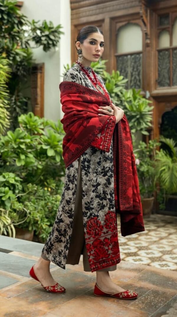 Zainab Chottani 3 Piece Unstitched Embroidered lawn Suit - Red