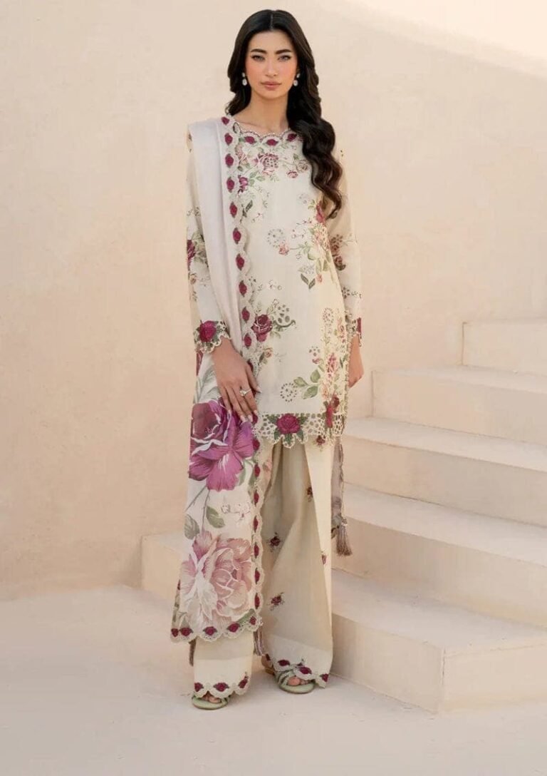 Baroque 3 piece unstitched embroidered lawn suit. Front Embroidered printed lawn Back printed lawn. Neckline embroidered patch. Sleeves Embroidered cuf Daman2 bunch EMB RIGHT LEFT