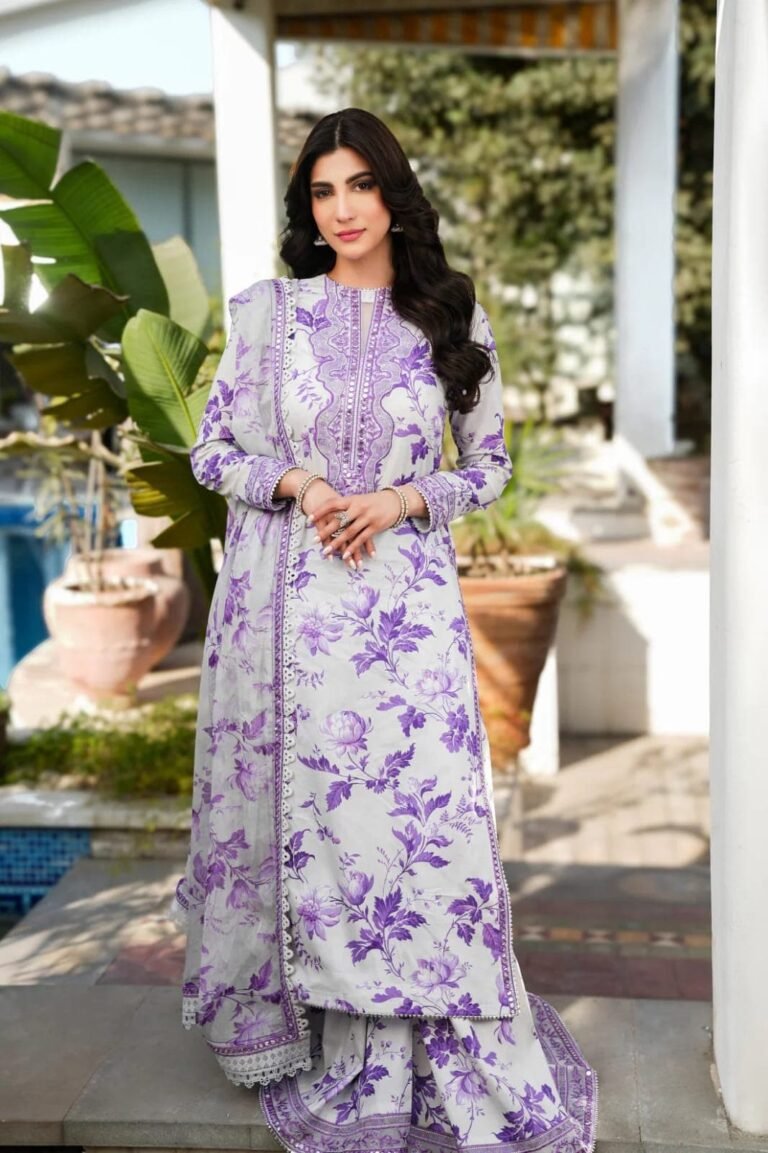 Baroque 3 piece unstitched embroidered lawn suit. Front Embroidered printed lawn Back printed lawn. Neckline embroidered patch. Sleeves Embroidered cuf Daman2 bunch EMB RIGHT LEFT